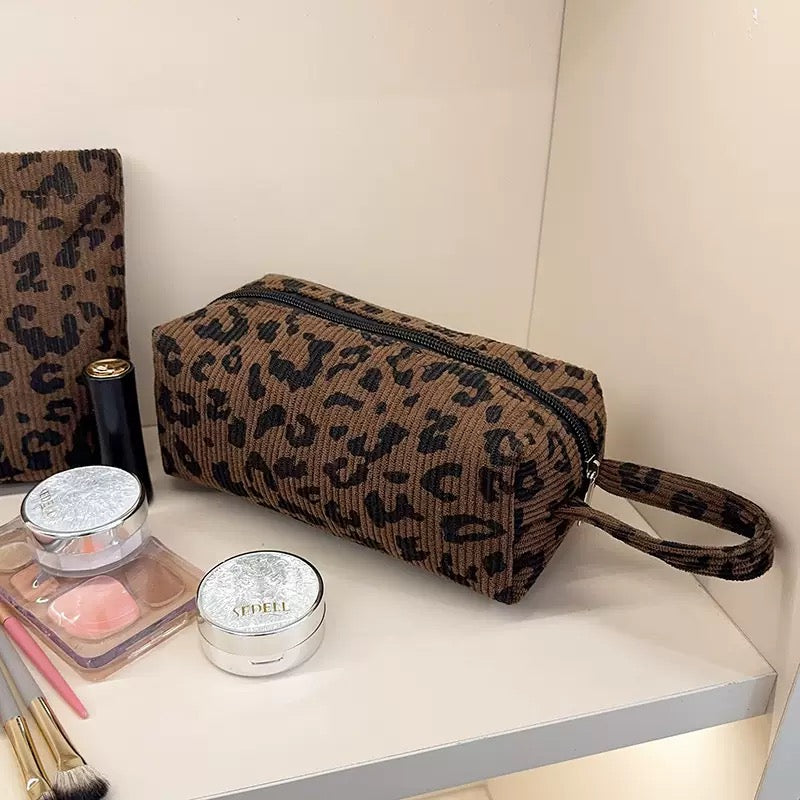 Cheetah Print Corduroy Makeup Bag