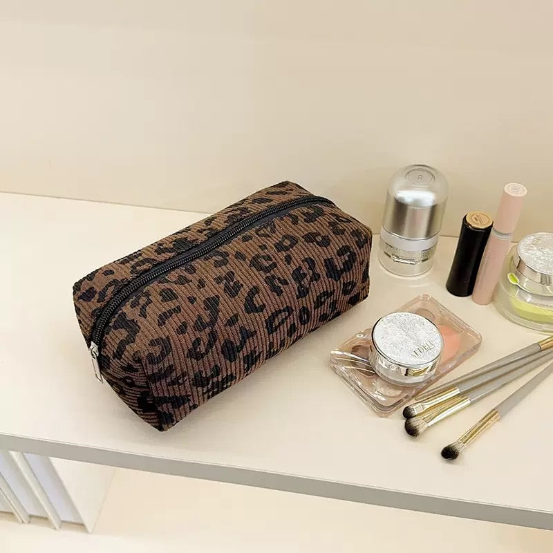 Cheetah Print Corduroy Makeup Bag